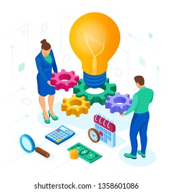 Business concept for teamwork, cooperation, partnership. Creative Idea. Isometric Idea concept. Light bulb with gears. Vector illustration infographic template with people, team, light bulb and icon.