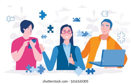 Business concept. Teamwork, cooperation, Vector illustration for web banner, infographics, mobile. Team metaphor. people are juggling puzzle elements, partnership.