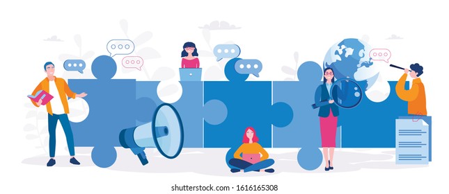 Business concept. Teamwork, cooperation, Vector illustration for web banner, infographics, mobile. Team metaphor. people are juggling puzzle elements, partnership.