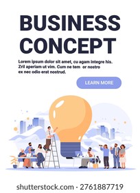 Business concept teamwork idea office people lightbulb group discussion cityscape creative collaboration workspace modern website banner