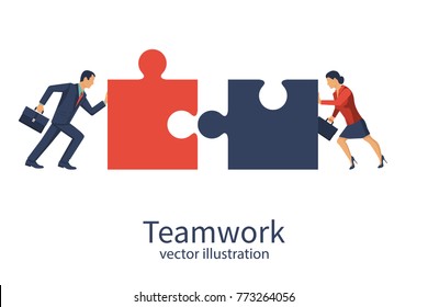 Business concept. Teamwork metaphor. Businessman and businesswoman connecting puzzle elements. Vector illustration flat style design. Combining two pieces. Working together, cooperation, partnership.