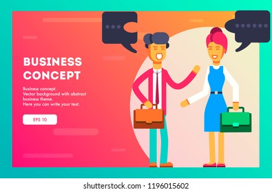 Business concept. Teamwork metaphor. Two businessmen connecting puzzle elements with a message. Combining two pieces. Symbol of working together, cooperation, partnership. Vector, Illustration, Flat.