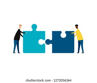 Business concept. Teamwork metaphor. Two businessmen connecting puzzle elements. isolated on white background. Vector illustration. Eps 10.