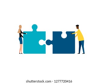 Business concept. Teamwork metaphor. Two businessmen connecting puzzle elements. isolated on white background. Vector illustration. Eps 10.