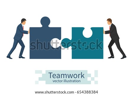 Business concept. Teamwork metaphor. Two businessmen connecting puzzle elements. Vector illustration flat style design. Combining two pieces. Symbol of working together, cooperation, partnership. 