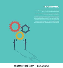 Business concept of teamwork in modern flat design vector illustration. Two businessmen assembling gears. Eps10 vector illustration.