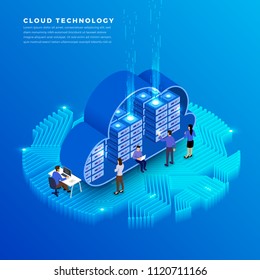 Business Concept Teamwork Of Peoples Working Development Isometric Cloud Technology Data. Vector Illustrations.