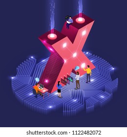 Business concept teamwork of peoples working development isometric alphabet type. Design for bold company name X. Vector illustrations.