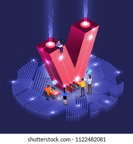 Business concept teamwork of peoples working development isometric alphabet type. Design for bold company name V. Vector illustrations.