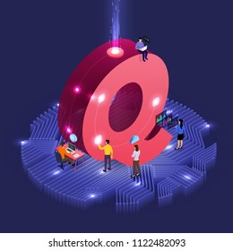 Business concept teamwork of peoples working development isometric alphabet type. Design for bold company name Q. Vector illustrations.