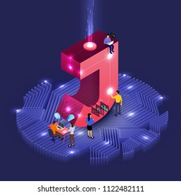 Business concept teamwork of peoples working development isometric alphabet type. Design for bold company name J. Vector illustrations.
