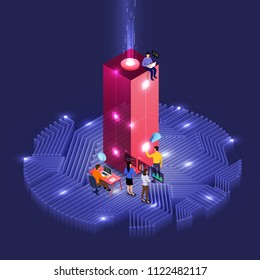 Business concept teamwork of peoples working development isometric alphabet type. Design for bold company name I. Vector illustrations.