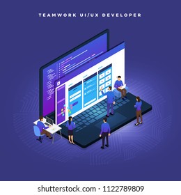 Business Concept Teamwork Of Peoples Working UI / UX Development. Vector Illustrations.