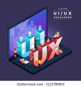 Business Concept Teamwork Of Peoples Working UI / UX Development. Vector Illustrations.