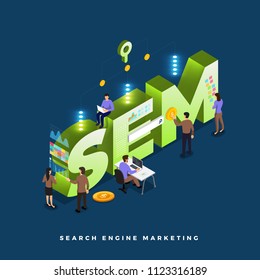 Business concept teamwork of peoples working development isometric SEM. Vector illustrations.