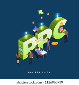 Business concept teamwork of peoples working development isometric PPC ( pay per click). Vector illustrations.