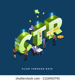 Business concept teamwork of peoples working development isometric CTR ( click trough rate ). Vector illustrations.