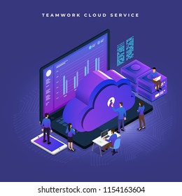 Business Concept Teamwork Of Peoples Working Development Isometric Cloud Technology Data. Vector Illustrations.