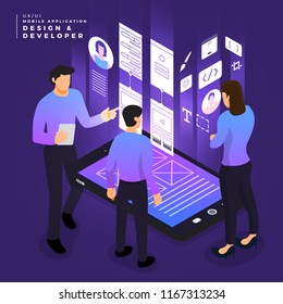 Business concept teamwork of peoples working UI / UX Design and Development mobile application wireframe. Vector illustrations.