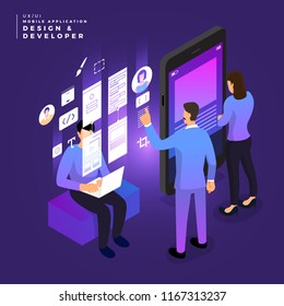 Business concept teamwork of peoples working UI / UX Design and Development mobile application wireframe. Vector illustrations.