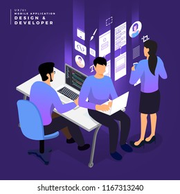 Business concept teamwork of peoples working UI / UX Design and Development mobile application wireframe. Vector illustrations.