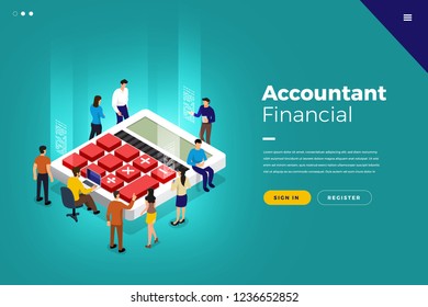 Business concept teamwork of peoples working development isometric financial business via calculator and money. Vector illustrations.