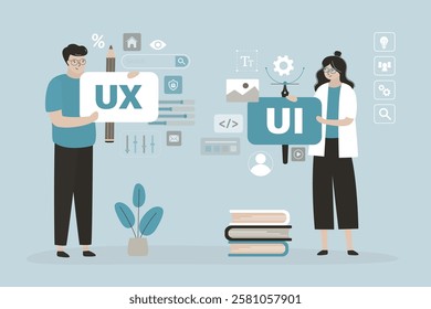 Business concept, teamwork of peoples working UI, UX Design and Development mobile application wireframe. Group of designers and coders create web interface design for website or mobile app. Vector