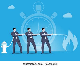 Business concept of teamwork and business team fighting crisis together. Three businessmen trying to extinguish the fire of crisis working together under time pressure.