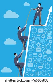 Business concept of teamwork and business team reaching success together. Three businessmen climbing together on dangerous success peak, working together and helping each other.
