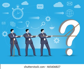 Business concept of teamwork and business team solving complex problem together. Three businessmen catching problem, trying to localize it working together under time pressure.
