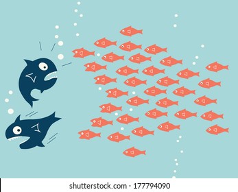 Business Concept In Teamwork Or Unity, Representing With Small Fish Gathering Together That Can Fight And Chasing Big Fish. 