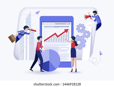 Business concept for teamwork.People are building a business on the internet.promotion of business online, the takeoff rating of work.Vector illustration.