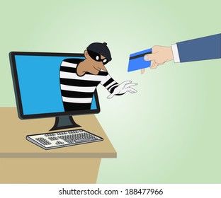 Business concept, Thief through the Internet from computer and Hand hold credit card,Vector illustration