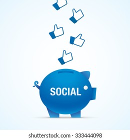 Business concept. Thumbs up hands, falling in a piggy bank.