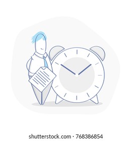 Business concept of Time Management. The manager is standing and waiting with the documents near the alarm clock. Deadline, Countdown. Premium Quality vector UI illustration for web and mobile design.