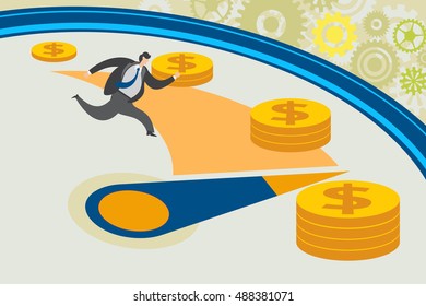 Business concept. Time is money. Businessman is chasing a clock hand with dollar coin around.