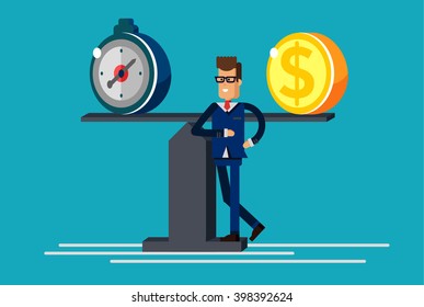 Business concept, time is money. Vector falt illustration of businessman is based on the scale with clock and gold money coin. Effective time management. Hourly payment
