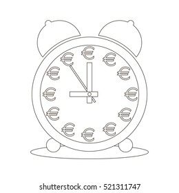 Business concept: Time is money. Vector image. Alarm clock, which instead of numbers, Euro signs. Design coloring pages.