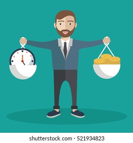 Business concept, time is money. Vector falt illustration of businessman is based on the scale with clock and gold money coin. Effective time management. Hourly payment