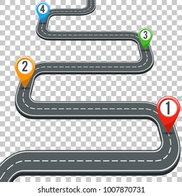 Business Concept with Timeline Road Infographics and Pin Pointers on Transparent Background. Flat style icons. Isolated Vector Illustration