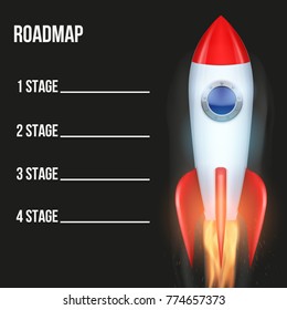 Business concept of timeline roadmap with rocket. Task execution plan in space road map style. Infographic for investors. Vector Illustration.