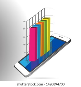 Business concept: touchscreen smartphone with graph of market, application and bar chart. Vector illustration.