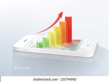 Business  concept: touchscreen smartphone with stock market application and  bar chart. Vector illustration.