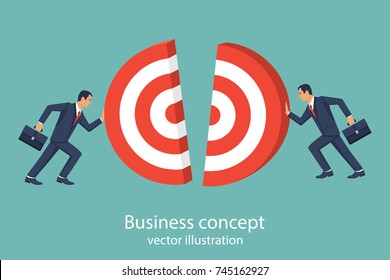 Business concept. Two businessmen pushing target. Team works to reach goal. Vector illustration flat style design. Connecting piece part. Symbol of working together, cooperation, partnership.