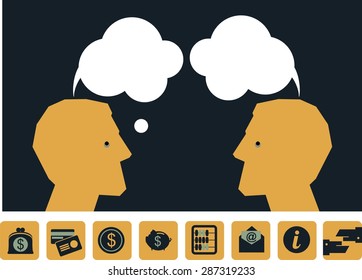Business concept Two silhouette head human thoughts cloud bank near icons