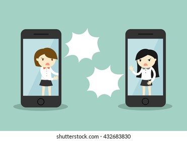 Business concept, Two business woman are arguing via smartphone. Vector illustration.