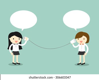 Business concept, Two business woman talking via cup telephone. Vector illustration.