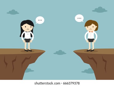 Business concept, Two business women feeling awkward while seeing each other at another cliffs. Vector illustration.