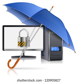 Business concept - Umbrella protects Computer with Lock on Screen, vector illustration