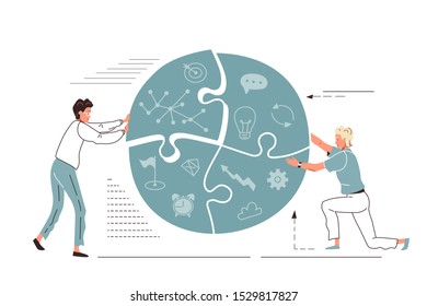 Business concept vector background. Big round shape puzzle with man, woman push and hold pieces of jigsaw. Teamwork process. Work problem solve design in cartoon flat style.